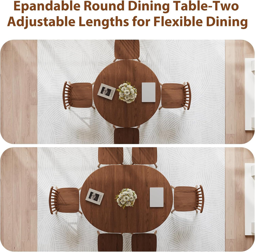Walnut Solid Wood Extendable Round Oval Dining Table with Storage