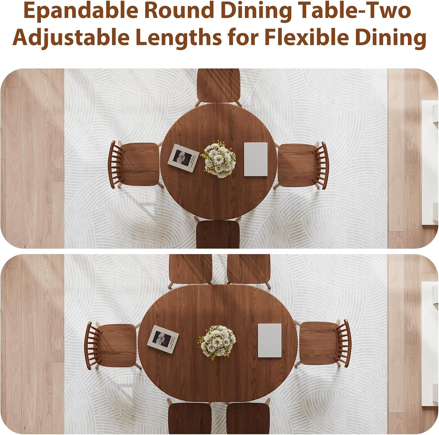 Walnut Solid Wood Extendable Round Oval Dining Table with Storage