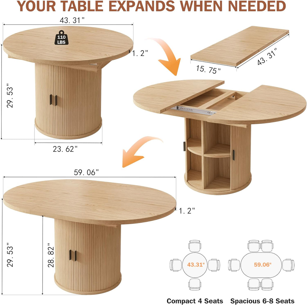 Extendable Round Pedestal Dining Table with Storage
