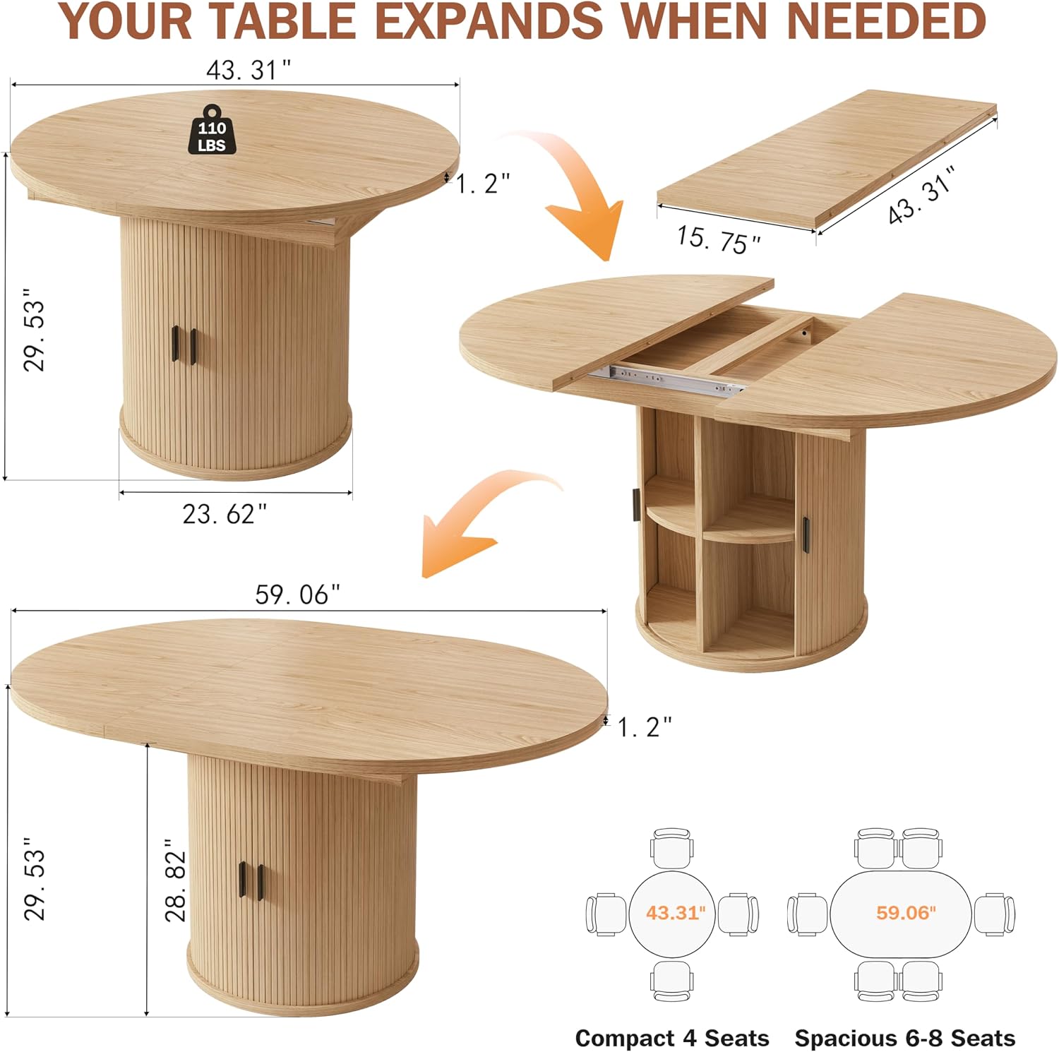 Extendable Round Pedestal Dining Table with Storage
