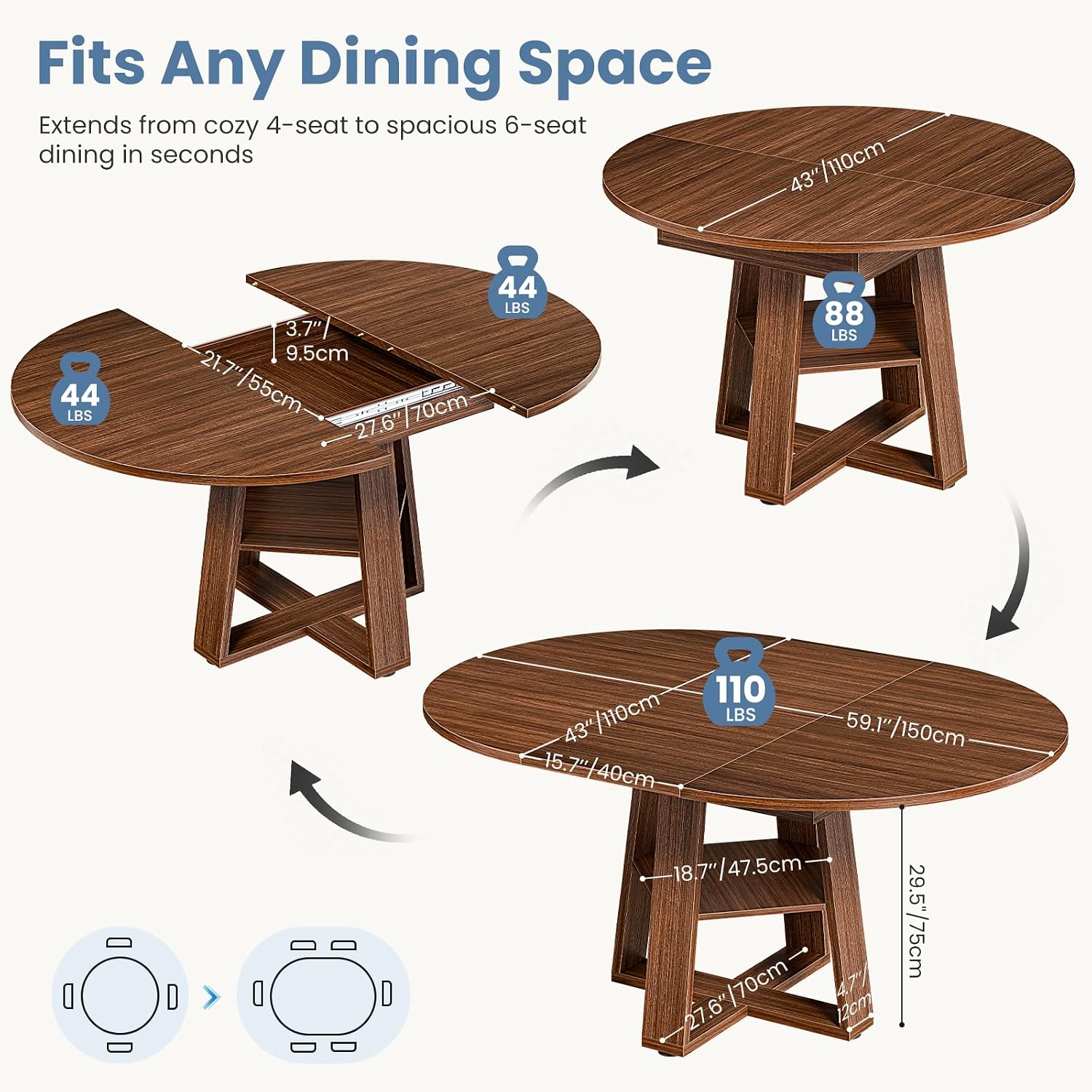 Brown Pedestal Extendable Round Oval Dining Table with Storage