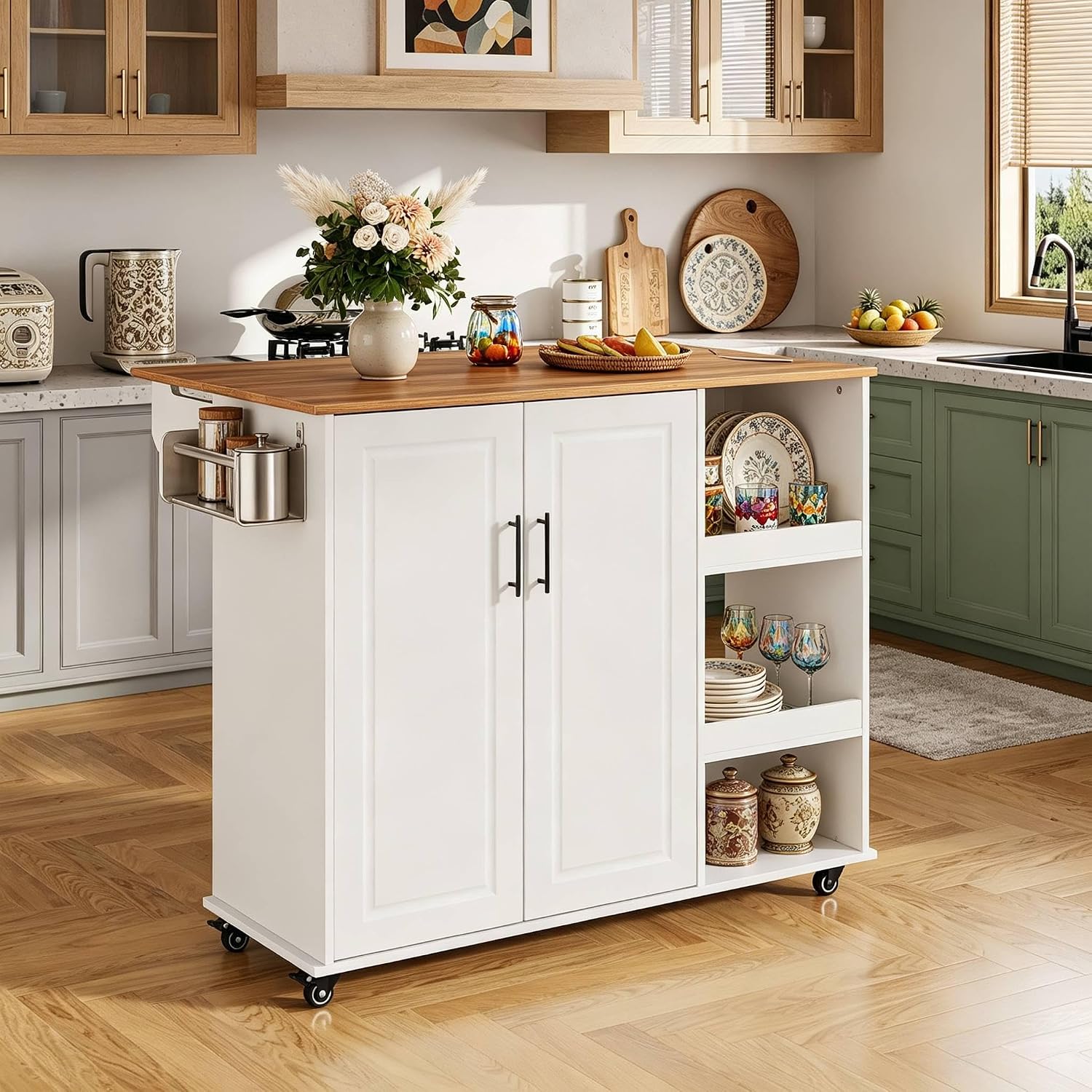 Rubber Wood Rolling Kitchen Island