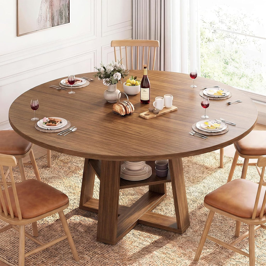 Brown Pedestal Extendable Round Oval Dining Table with Storage