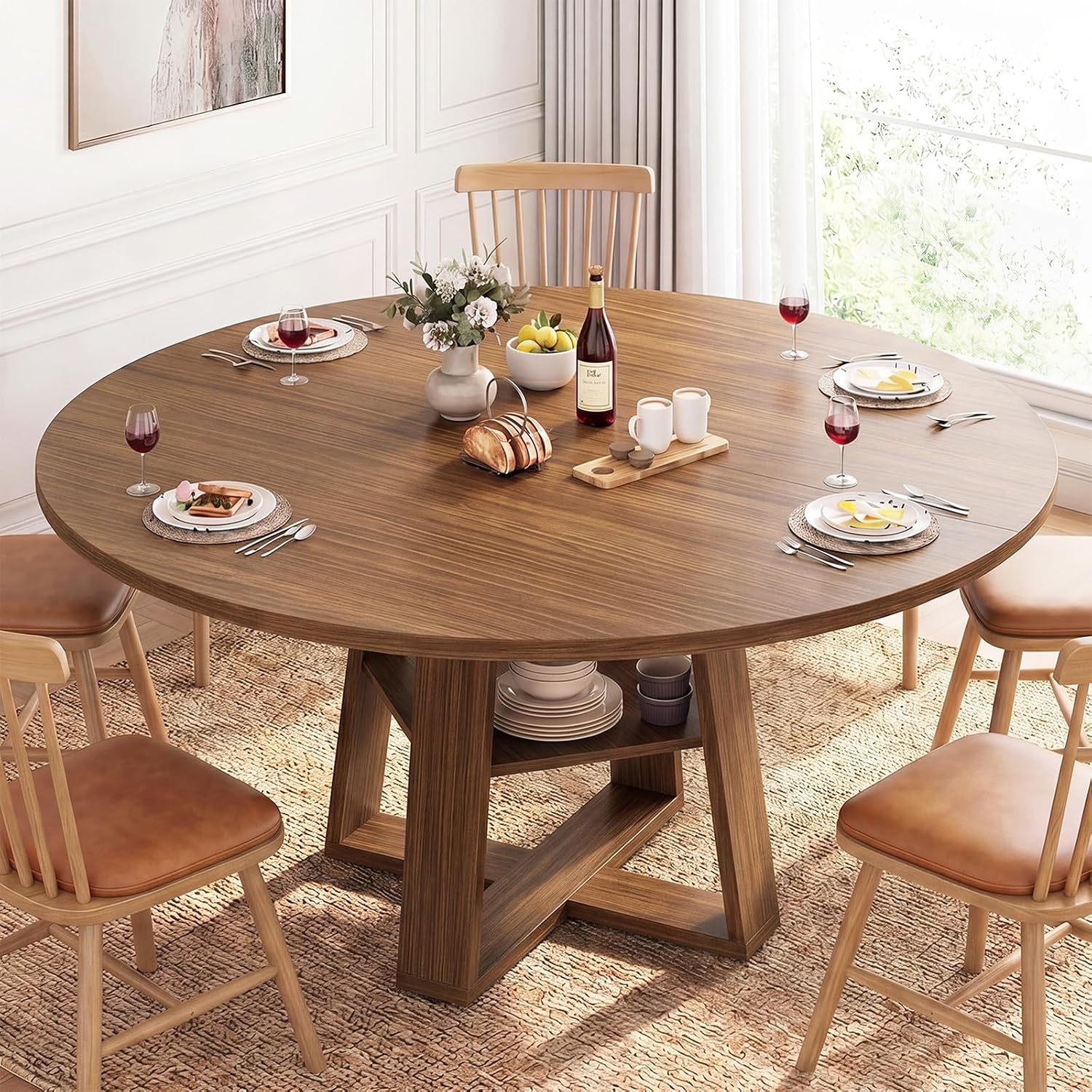 Brown Pedestal Extendable Round Oval Dining Table with Storage