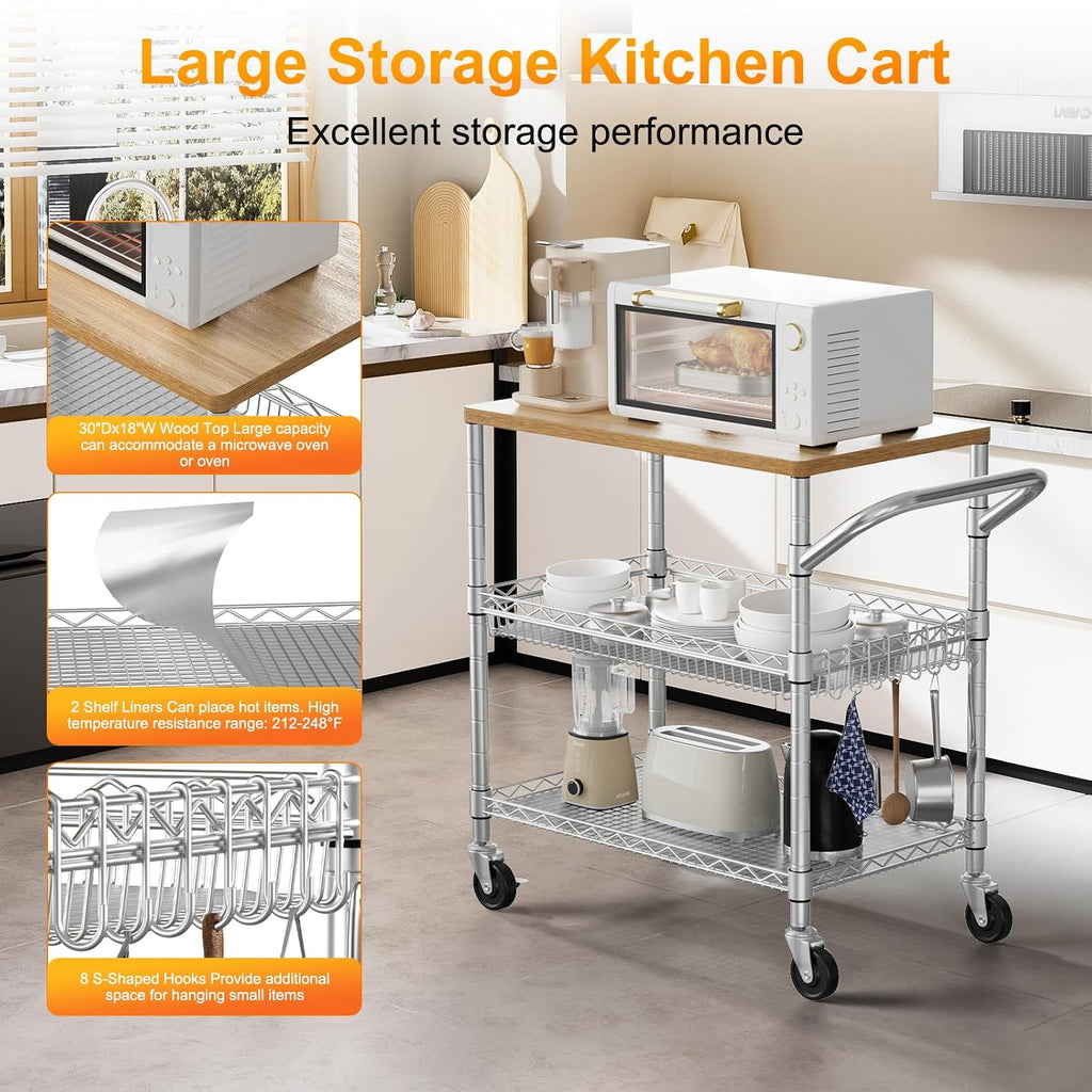Wood Top 3-Tier Rolling Kitchen Cart