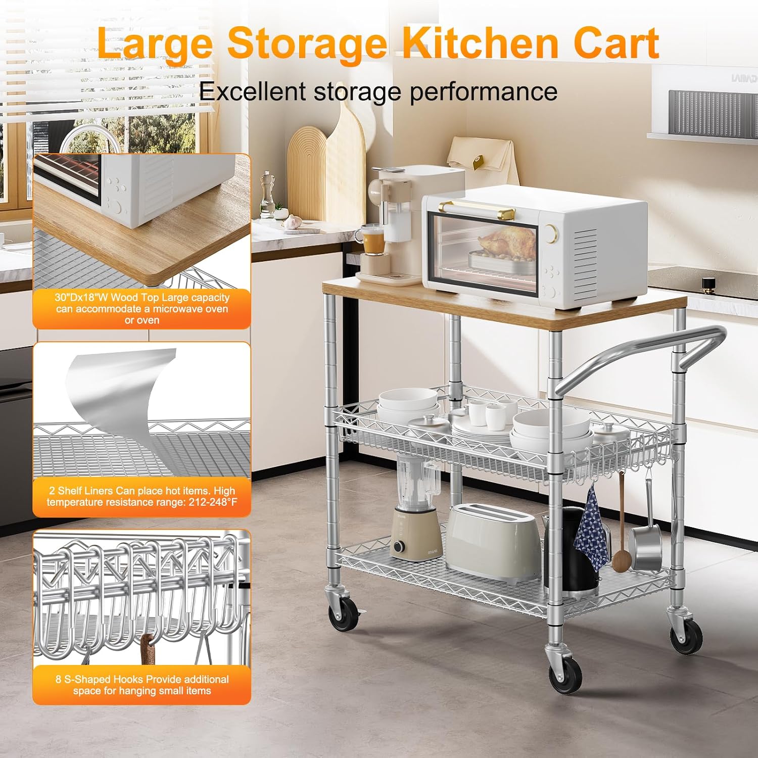 Wood Top 3-Tier Rolling Kitchen Cart