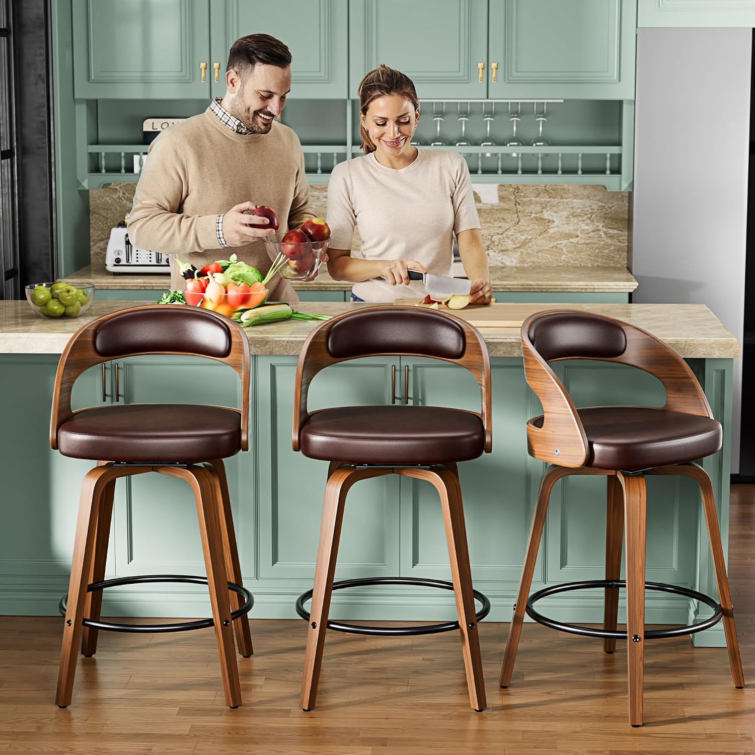 Brown Bentwood Swivel Counter Stools Set of 2