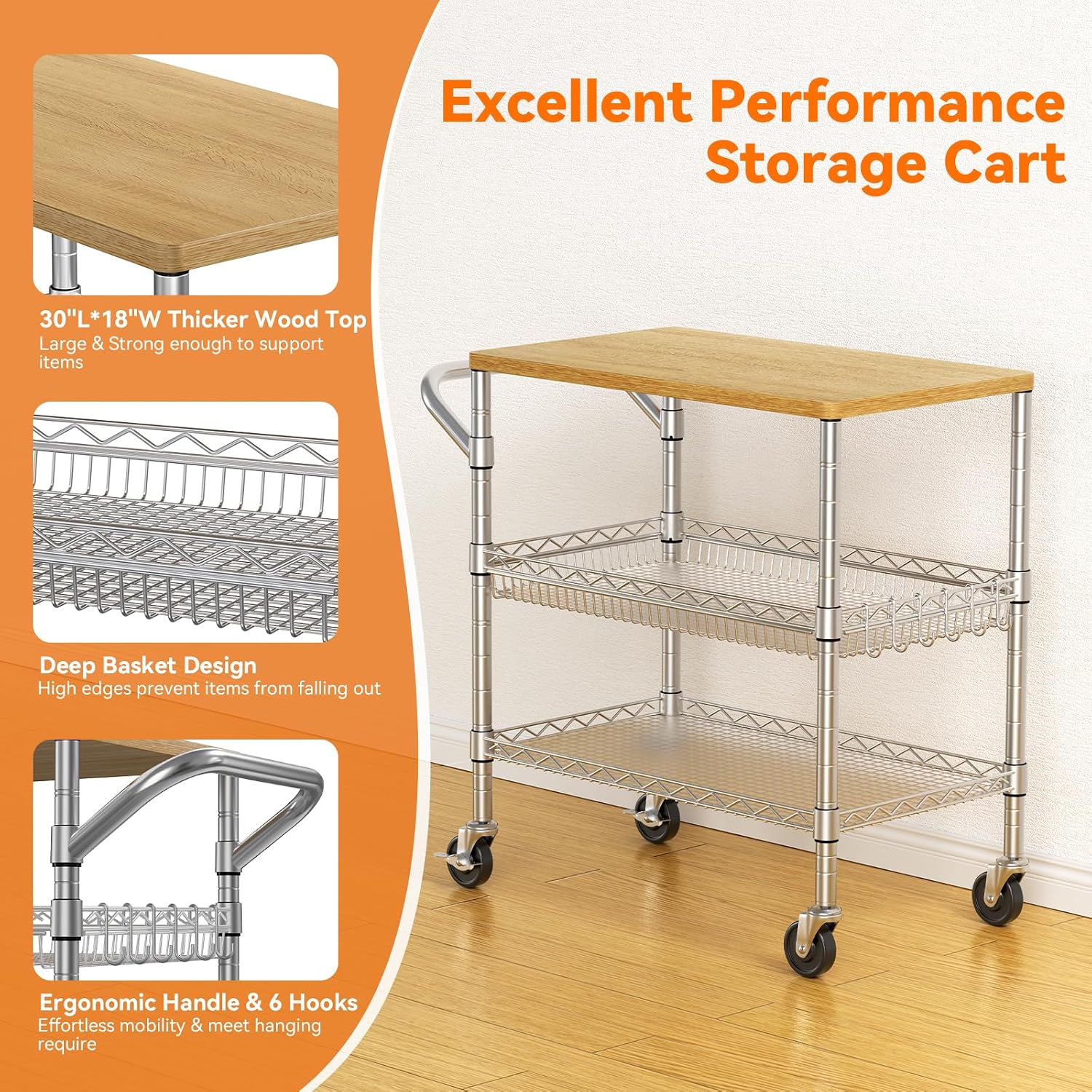 Wood Metal Rolling Kitchen Cart