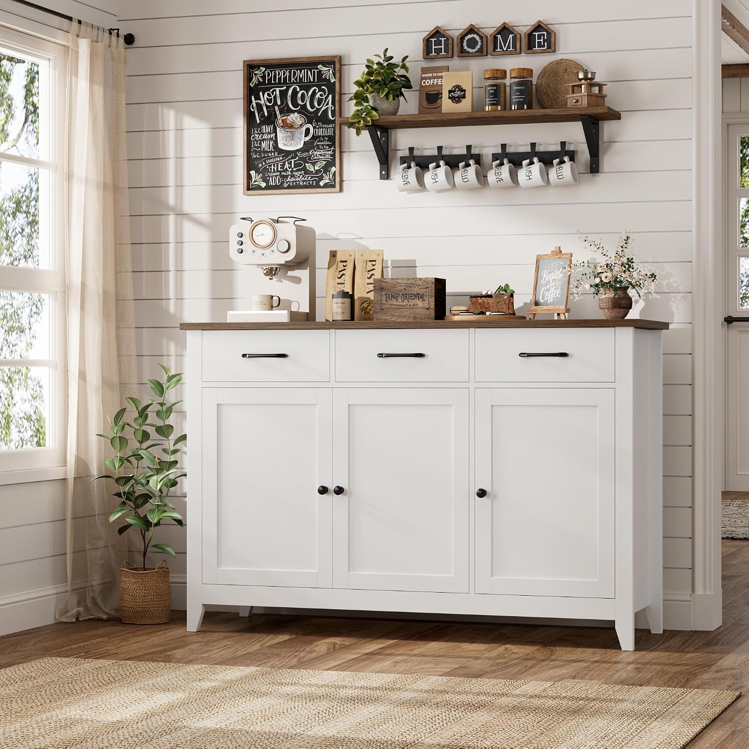 White Farmhouse Coffee Bar Sideboard