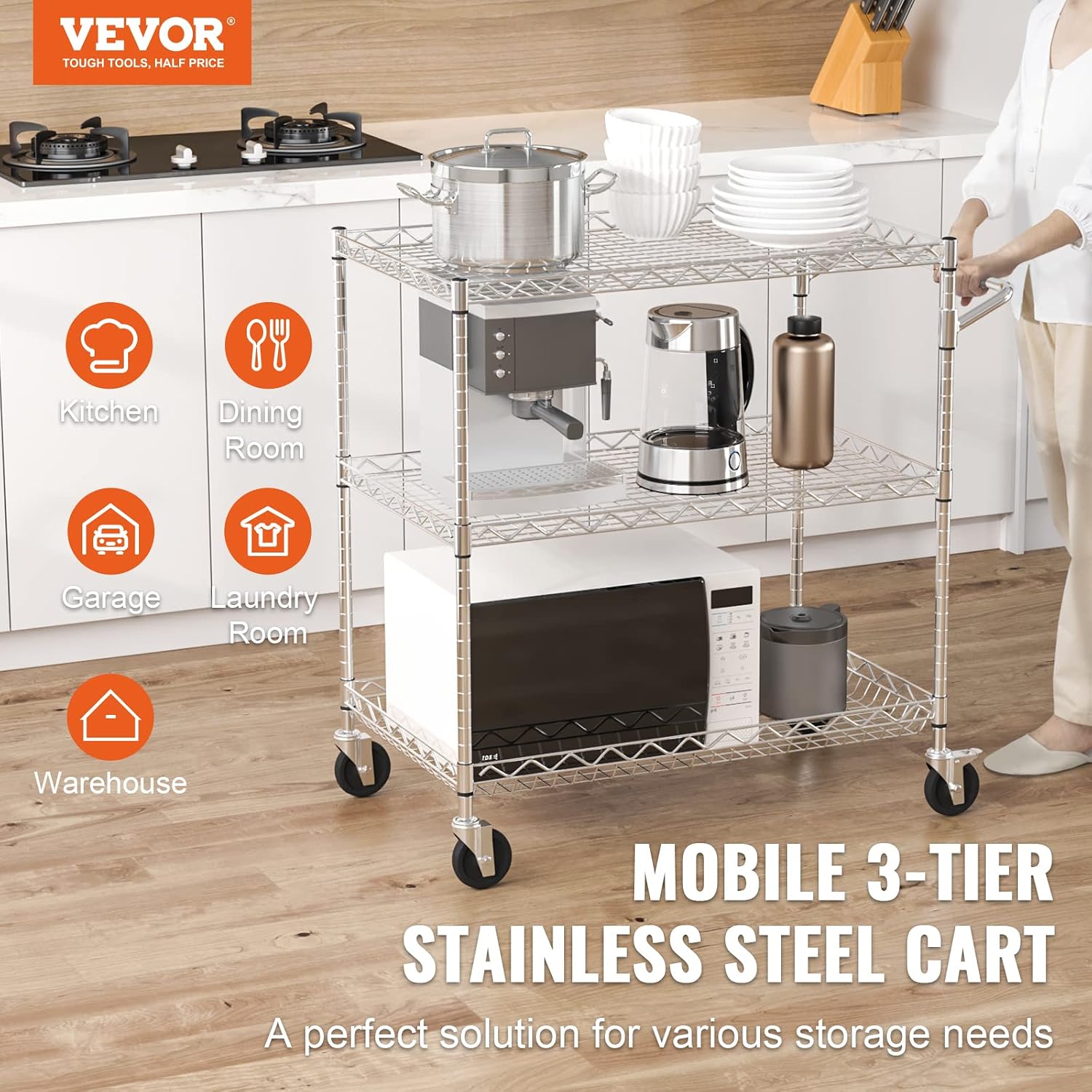 3-Tier Steel Rolling Kitchen Cart