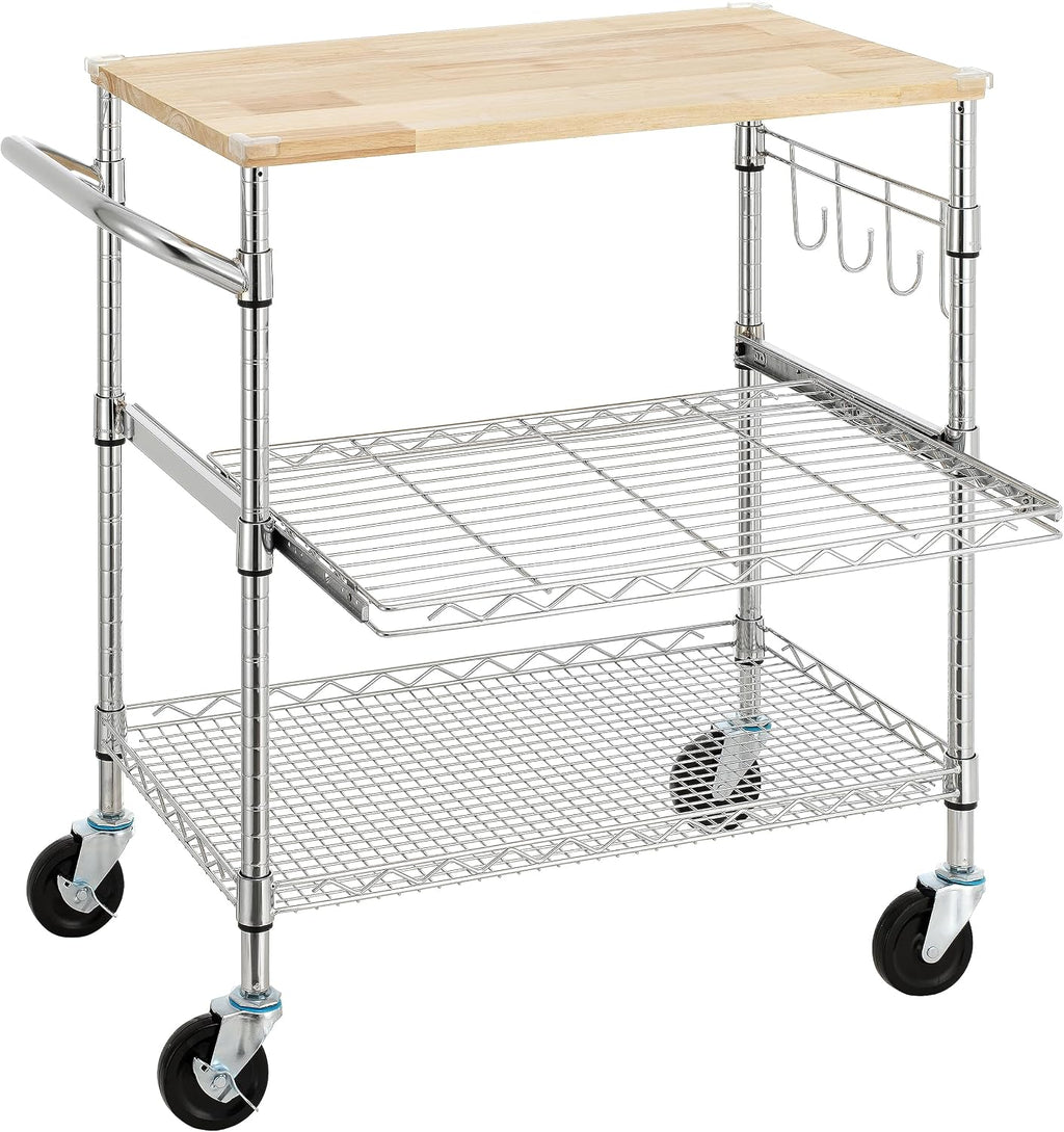 Oak Top Chrome Rolling Kitchen Cart