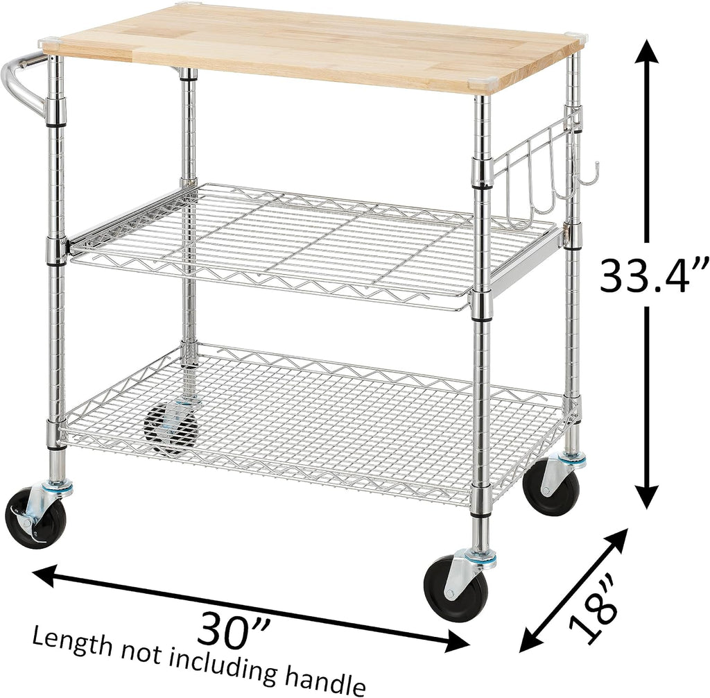 Oak Top Chrome Rolling Kitchen Cart