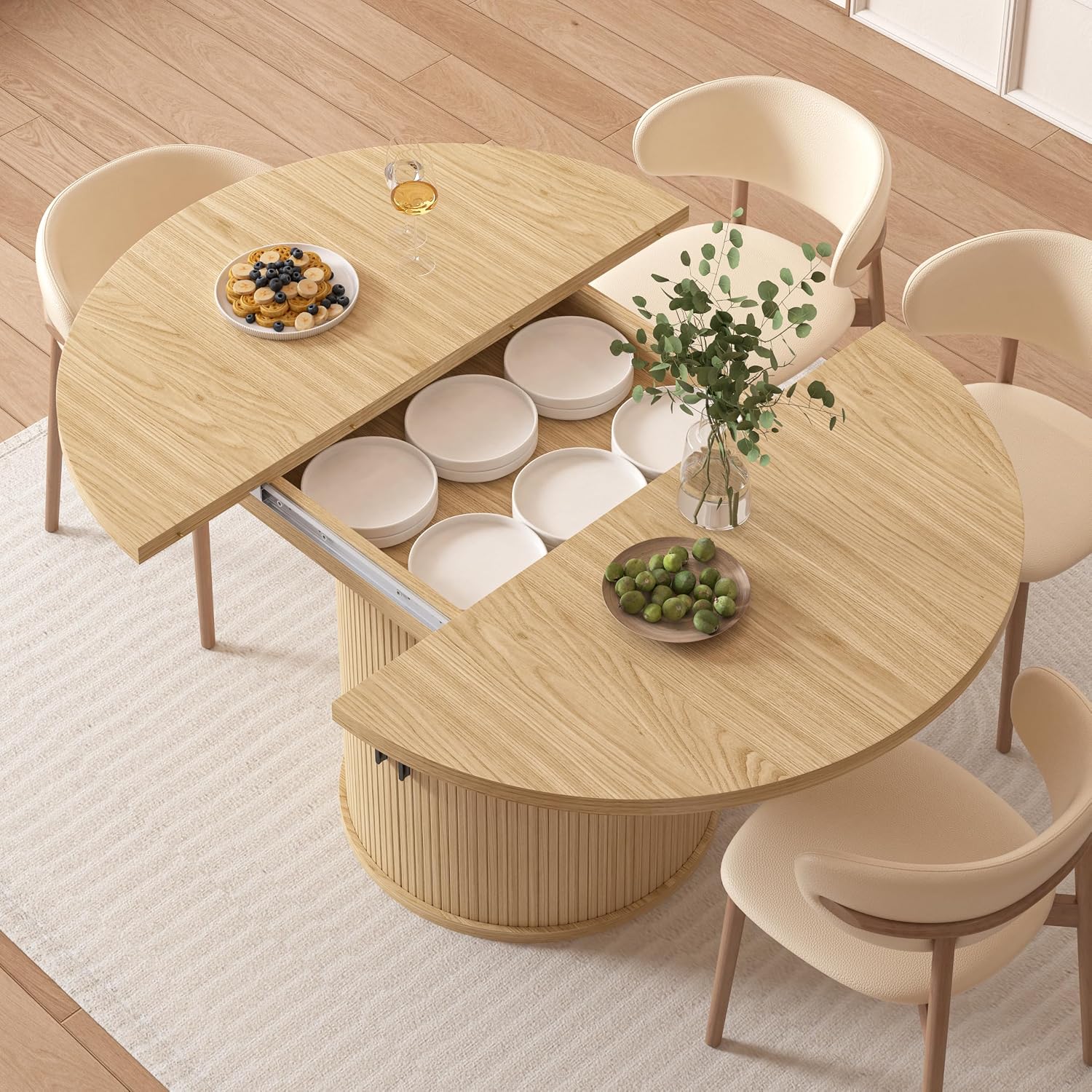 Extendable Round Pedestal Dining Table with Storage