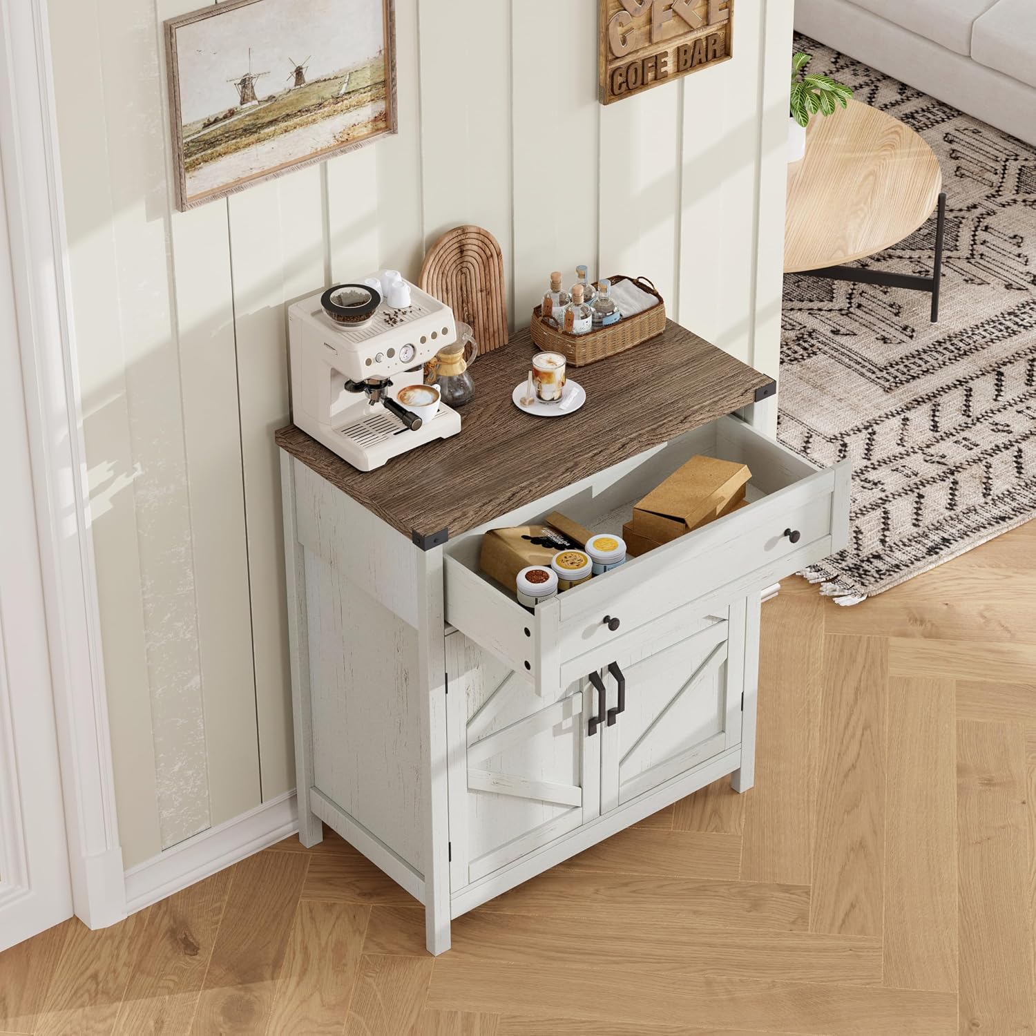 White Farmhouse Coffee Bar Sideboard