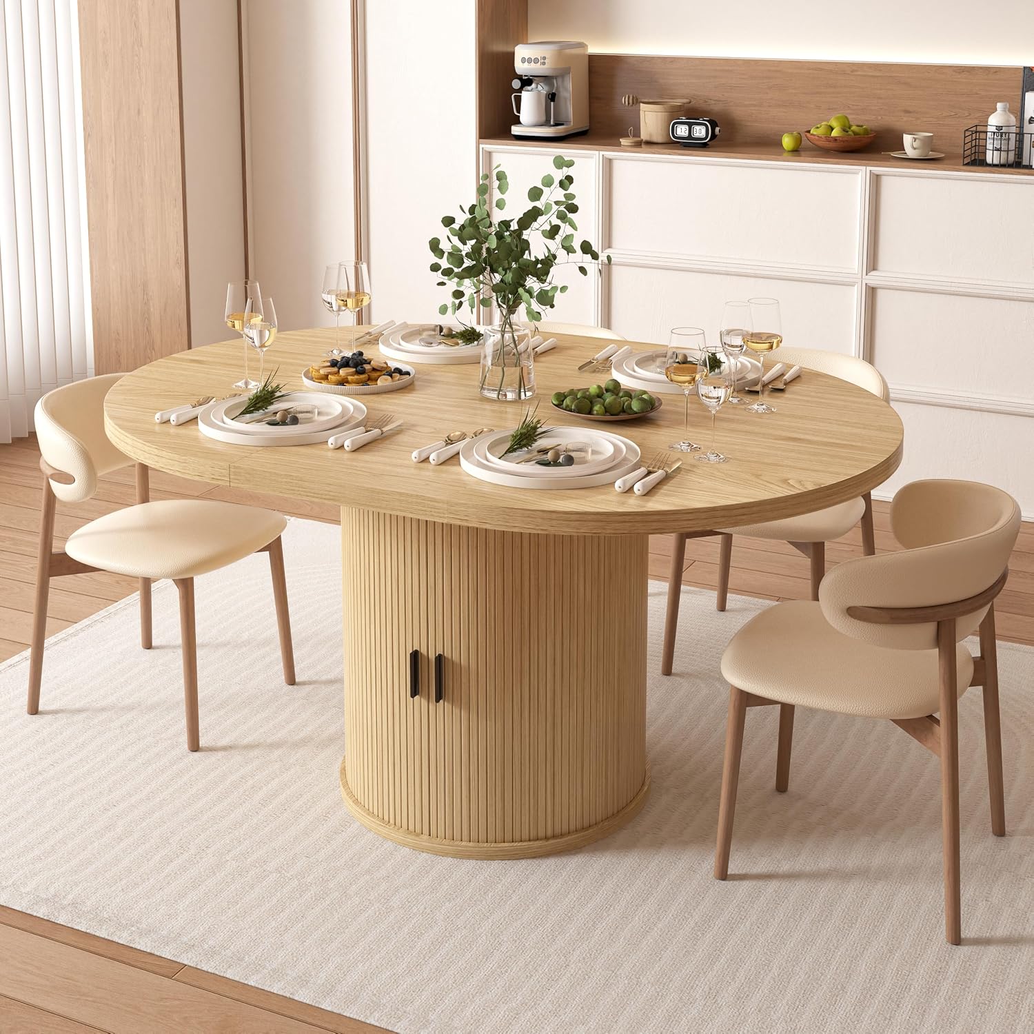 Extendable Round Pedestal Dining Table with Storage