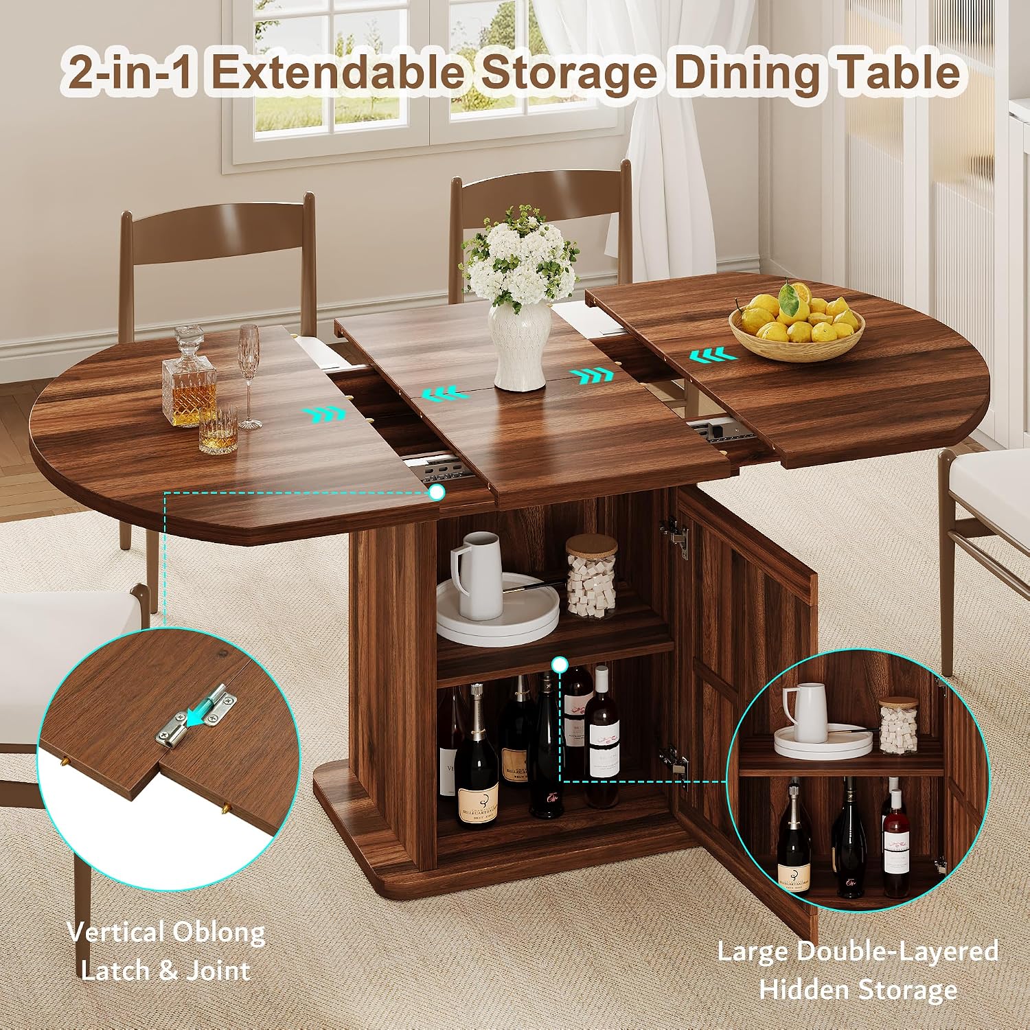 Walnut Pedestal Extendable Round Dining Table with Storage