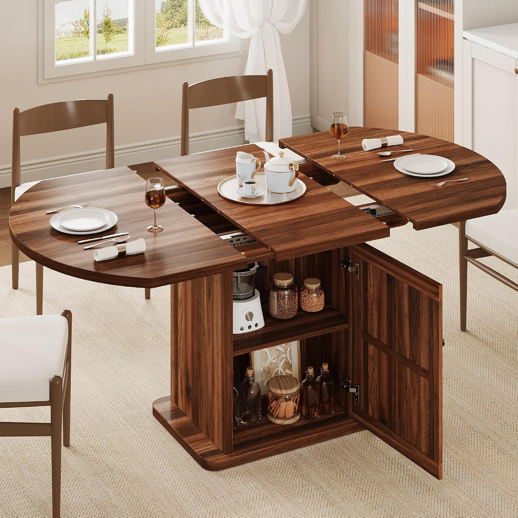 Walnut Pedestal Extendable Round Dining Table with Storage