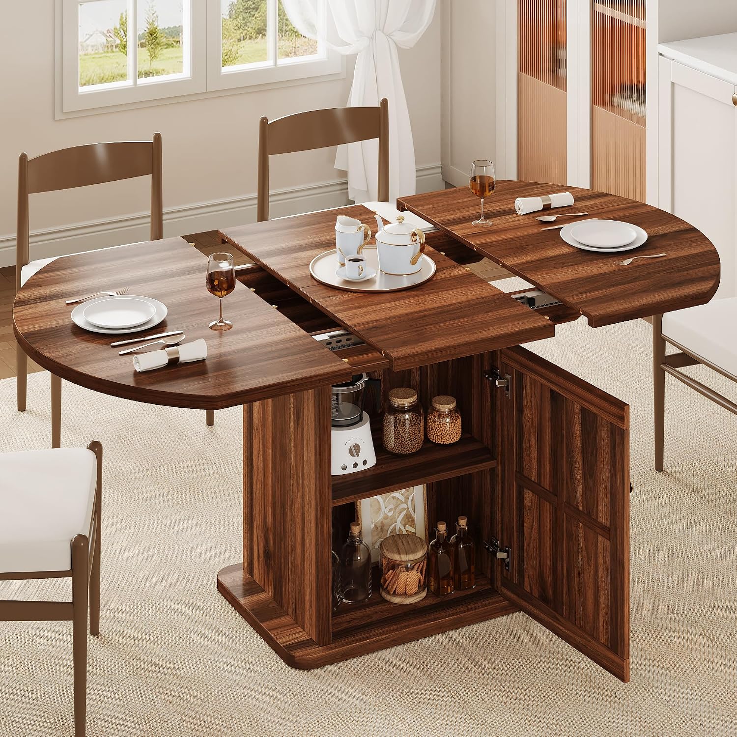 Walnut Pedestal Extendable Round Dining Table with Storage