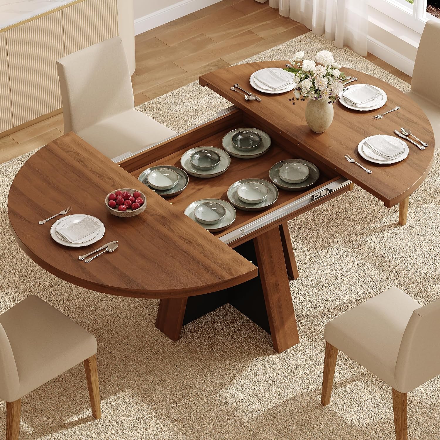 Rustic Brown Extendable Round Oval Dining Table for 4-8