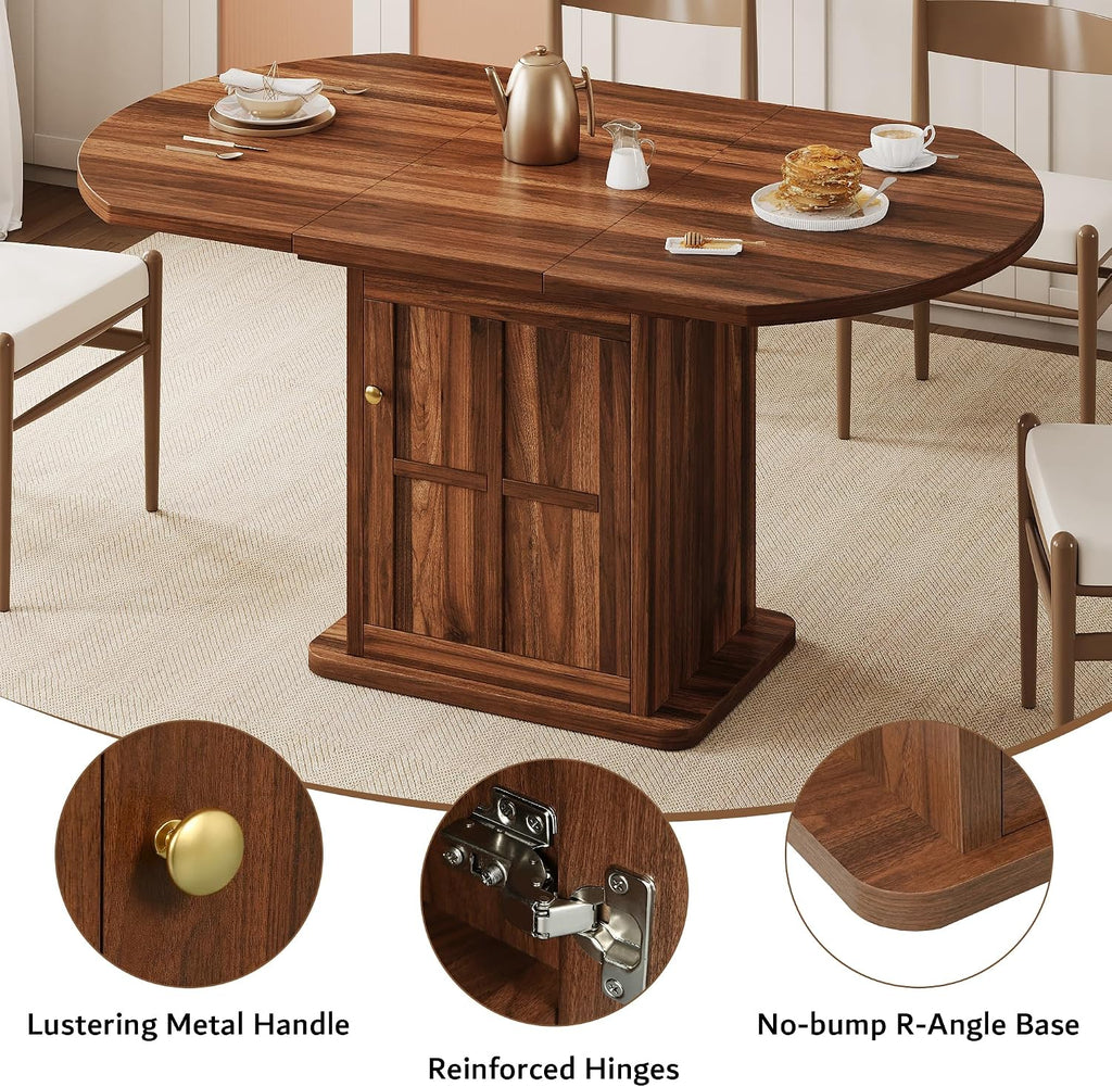 Walnut Pedestal Extendable Round Dining Table with Storage
