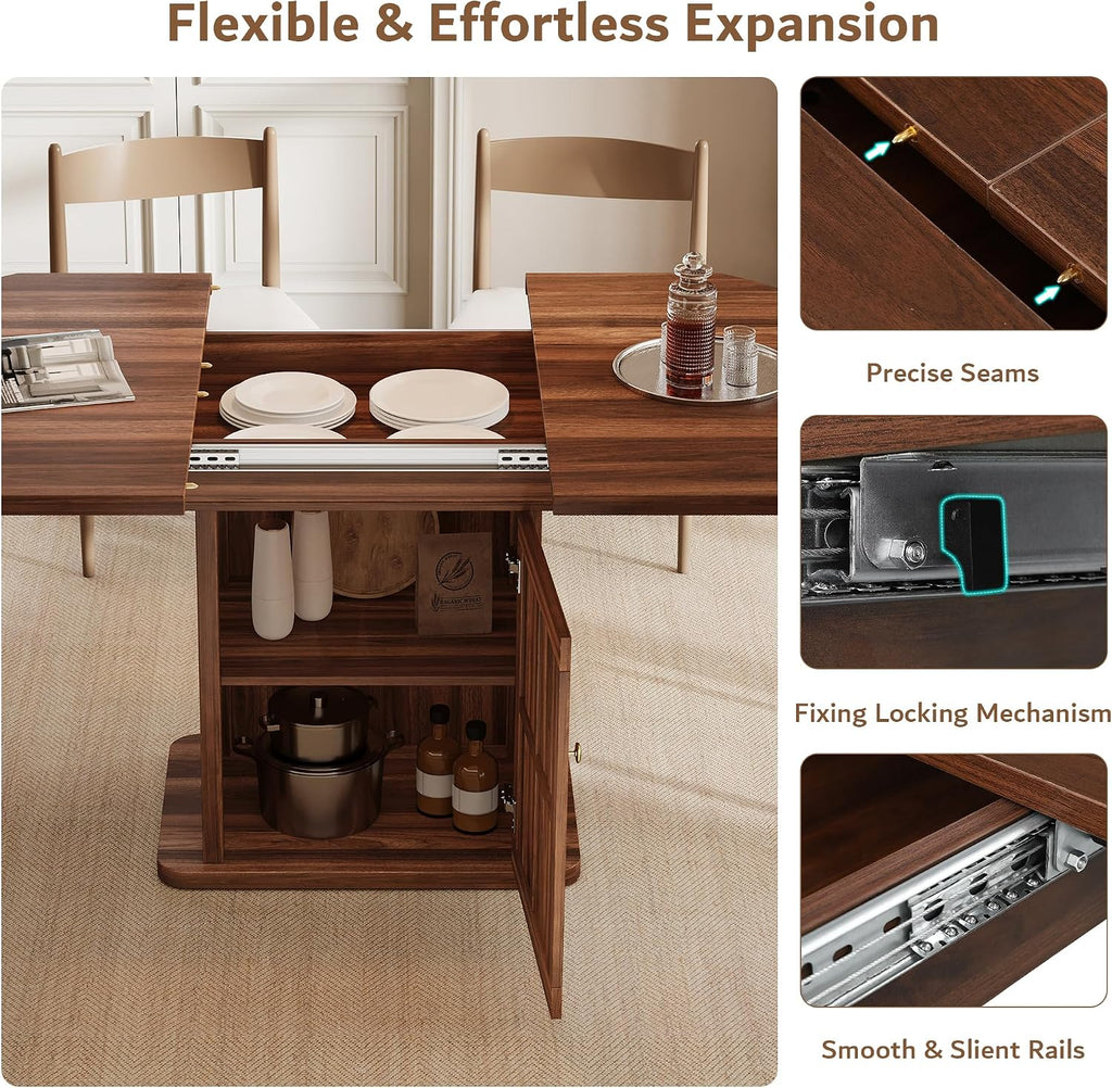 Walnut Pedestal Extendable Round Dining Table with Storage