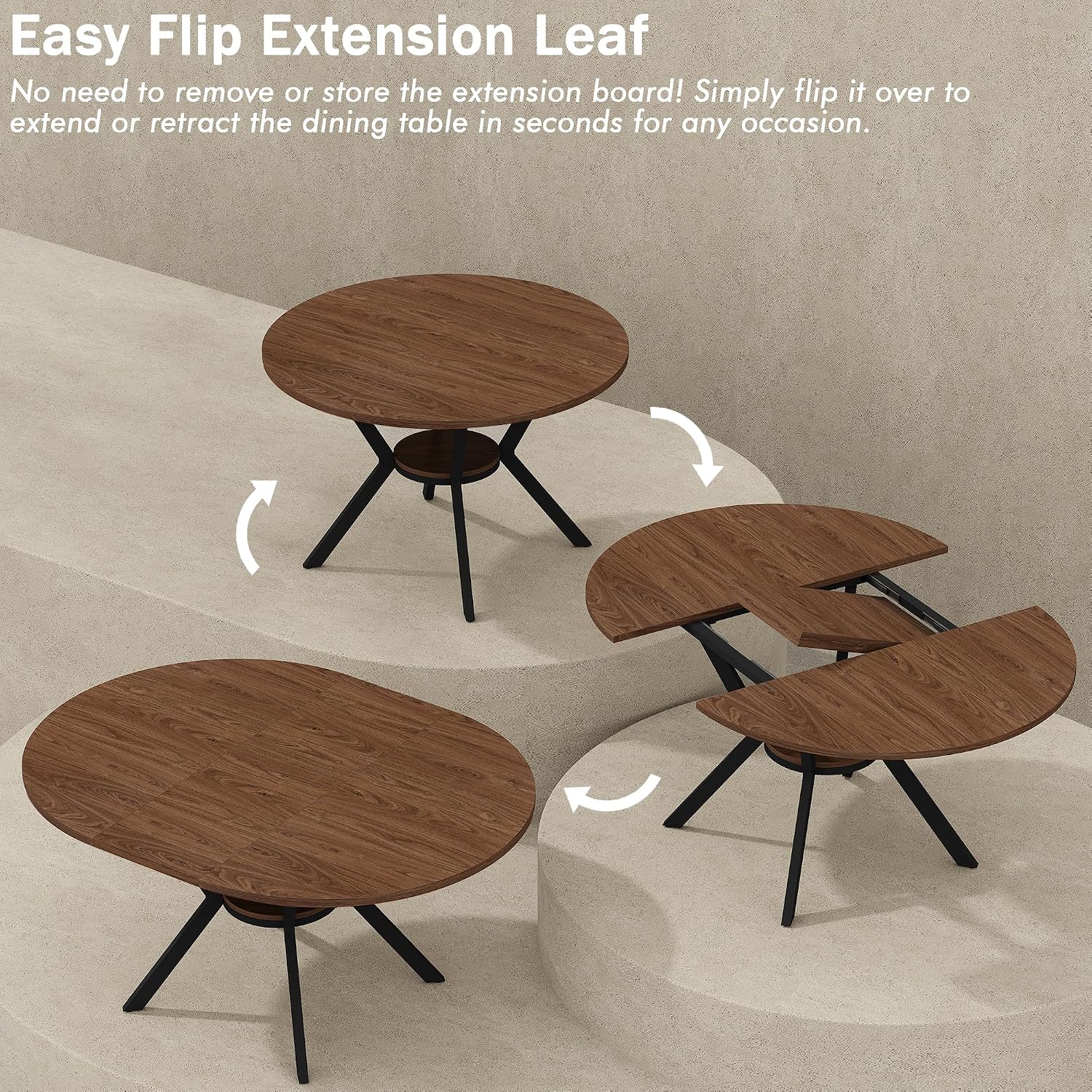 Extendable Round Dining Table with Storage Metal Legs