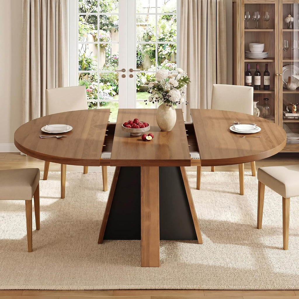 Rustic Brown Extendable Round Oval Dining Table for 4-8