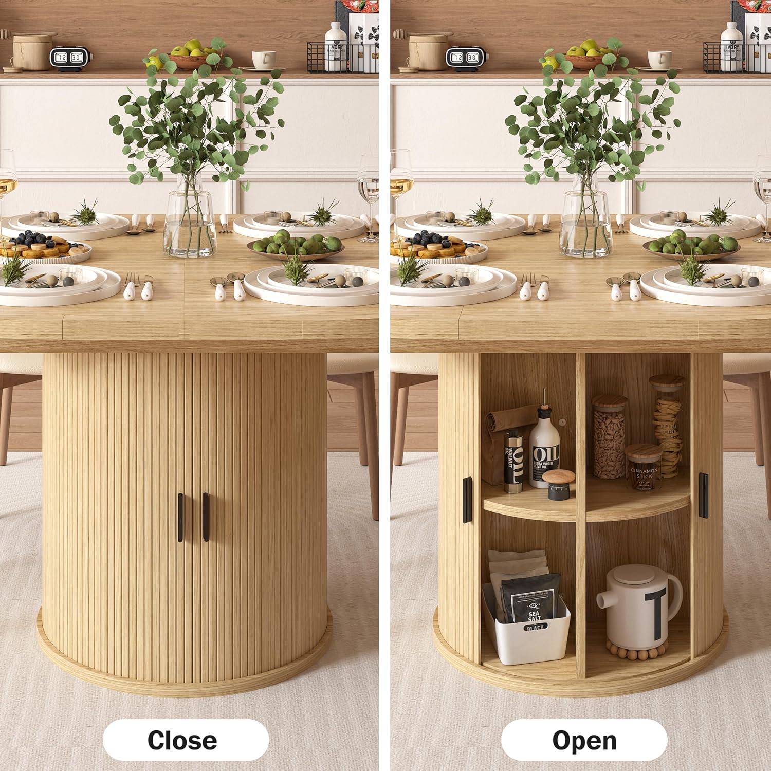Extendable Round Pedestal Dining Table with Storage